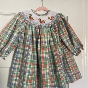 Plaid Kids Dress with Adorable Smocked / Embroidered Duck Design